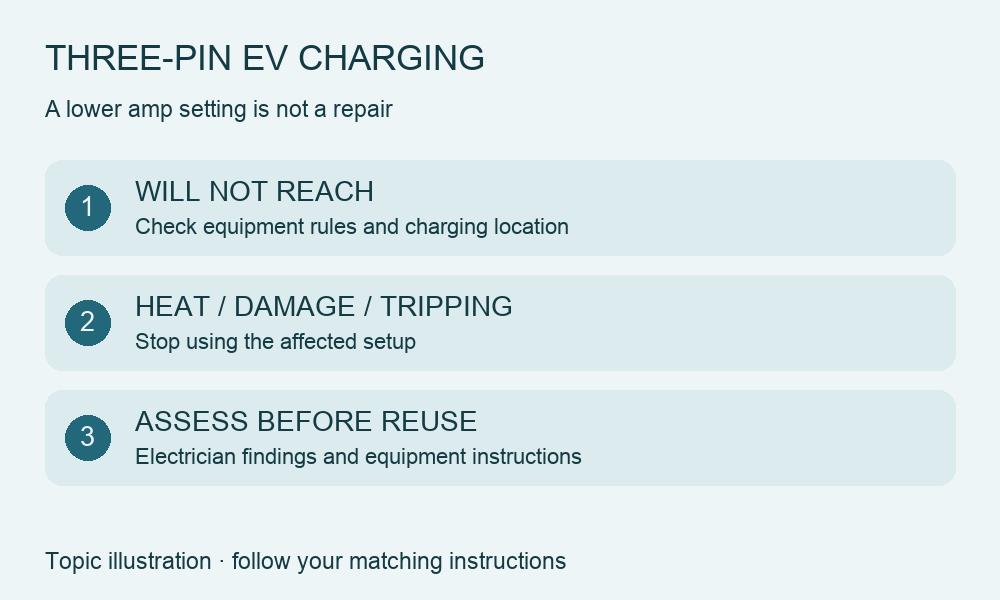 Three-pin charging checklist illustration: cable reach, socket suitability and heat or damage stop point